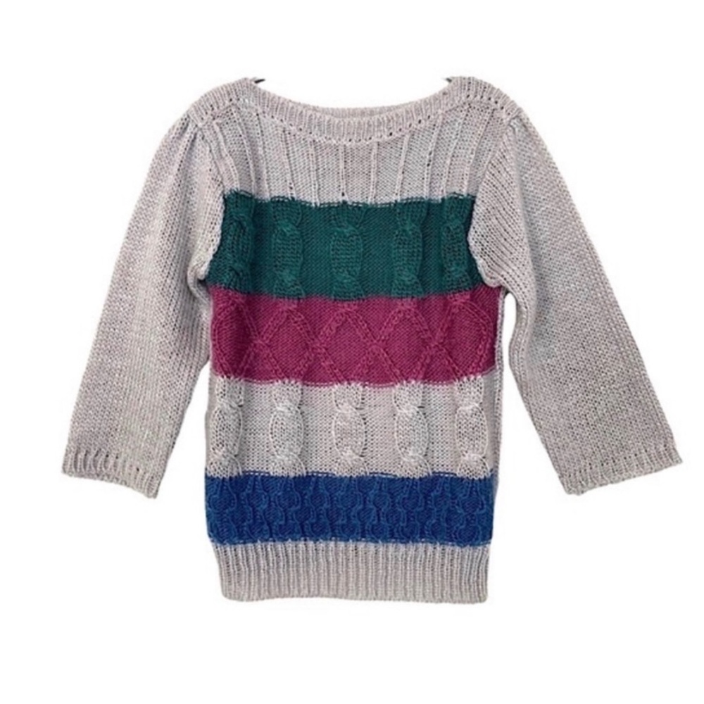 Vintage 80s Striped Lightweight Cable Knit Boat Neck Sweater Gray 3/4 Sleeve S